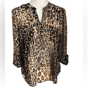 Cocomo Petite Animal Leopard Print Sheer 3/4 Sleeve Brown Tan Blouse Women Sz PM